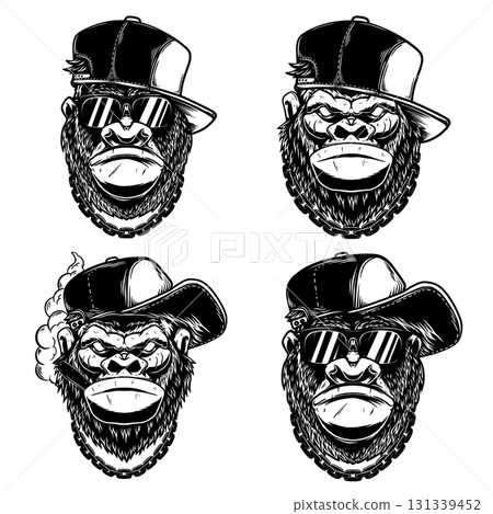 Illustration of gorilla in baseball cap in monochrome and color styles. Design element for t shirt, emblem, badge. Vector illustration 131339452