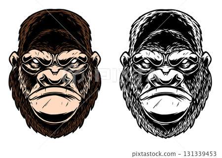 Illustration of gorilla in monochrome and color styles. Design element for t shirt, emblem, badge. Vector illustration 131339453