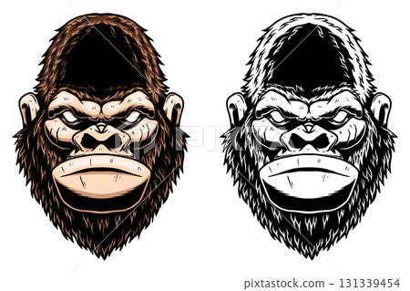 Illustration of gorilla in monochrome and color styles. Design element for t shirt, emblem, badge. Vector illustration 131339454