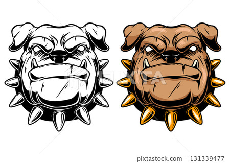 Illustration of pitbull in monochrome and color styles. Design element for t shirt, emblem, badge. Vector illustration 131339477