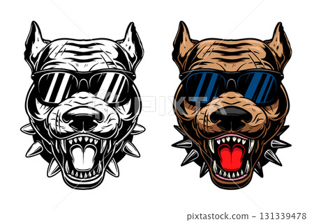 Illustration of pitbull in engraving styles. Design element for t shirt, emblem, badge. Vector illustration 131339478