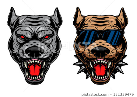 Illustration of pitbull in engraving styles. Design element for t shirt, emblem, badge. Vector illustration 131339479