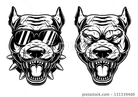 Illustration of pitbull in engraving styles. Design element for t shirt, emblem, badge. Vector illustration 131339480