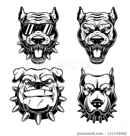 Illustration of pitbull in engraving styles. Design element for t shirt, emblem, badge. Vector illustration 131339482