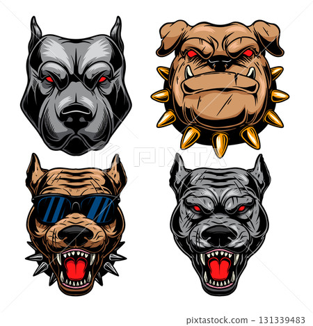 Illustration of pitbull in engraving styles. Design element for t shirt, emblem, badge. Vector illustration 131339483