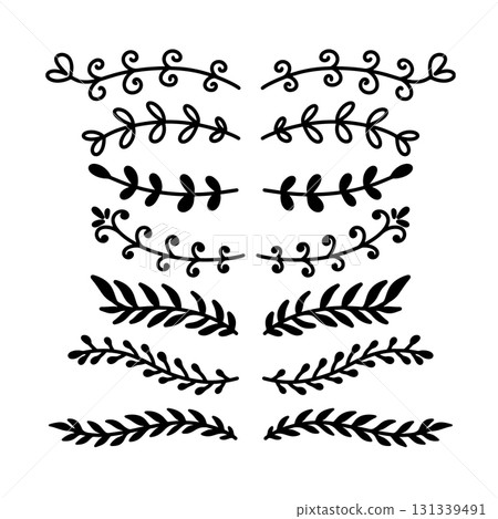 Set of hand drawn leaves, branches, flowers, flourishes. Design element for banner, sign, poster, decoration. Vector illustration Set of hand drawn leaves, branches, flowers, flourishes. Design element for banner, sign, poster, decoration. Vector illustration 131339491