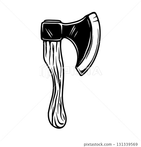 Illustration of lumberjack axe in engraving style. Design element for logo, emblem, sign, poster, card, banner. Vector illustration 131339569