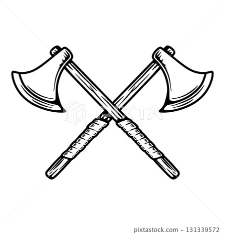Illustration of two crossed viking axe in engraving style. Design element for logo, emblem, sign, poster, card, banner. Vector illustration 131339572