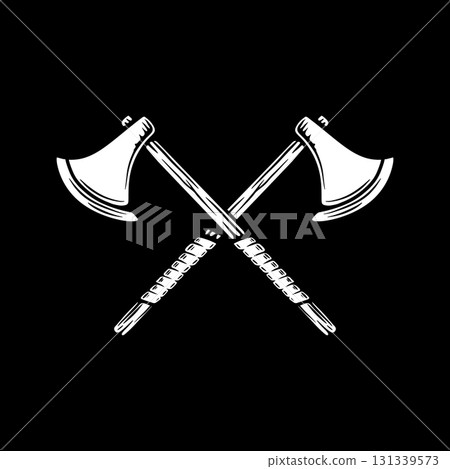 Illustration of two crossed viking axe in engraving style. Design element for logo, emblem, sign, poster, card, banner. Vector illustration Illustration of two crossed viking axe in engraving style. Design element for logo, emblem, sign, poster, card, banner. Vector illustration 131339573