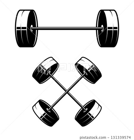 Illustration of barbell engraving style. Design element for logo, emblem, sign, poster, card, banner. Vector illustration Illustration of barbell engraving style. Design element for logo, emblem, sign, poster, card, banner. Vector illustration 131339574