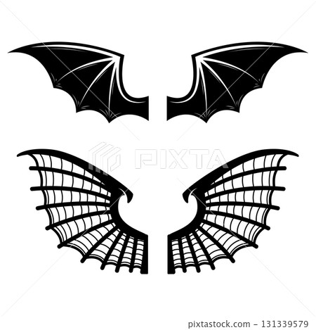 Set of bat wings. Dragon wings. Design element for emblem, sign, poster, card. Vector illustration Set of bat wings. Dragon wings. Design element for emblem, sign, poster, card. Vector illustration 131339579
