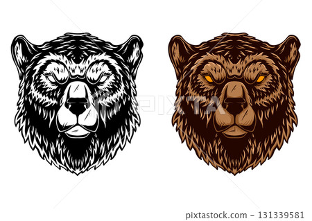 Illustration of bear in monochrome and color styles. Design element for t shirt, emblem, badge. Vector illustration 131339581