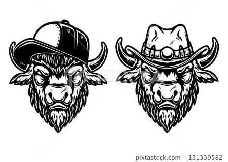 Illustration of bison in cowboy hat. Design element for t shirt, emblem, badge. Vector illustration 131339582