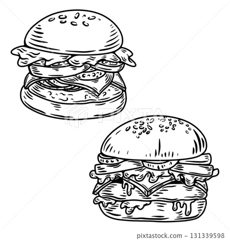 Set of hand drawn hamburger, burger. Set of doodle style hamburger, burger. Vector illustration Set of hand drawn hamburger, burger. Set of doodle style hamburger, burger. Vector illustration 131339598