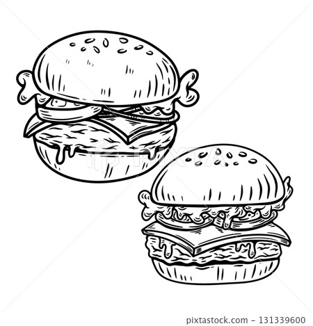 Set of hand drawn hamburger, burger. Set of doodle style hamburger, burger. Vector illustration Set of hand drawn hamburger, burger. Set of doodle style hamburger, burger. Vector illustration 131339600