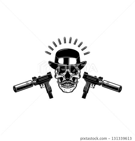 Cowboy skull with crossed revolvers. Design element for poster, t shirt, emblem. Vector illustration Cowboy skull with crossed revolvers. Design element for poster, t shirt, emblem. Vector illustration 131339613