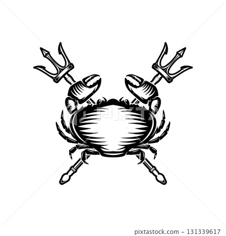 Crab and two crossed tridents. Design element for emblem, sign, badge, poster. Vector illustration 131339617