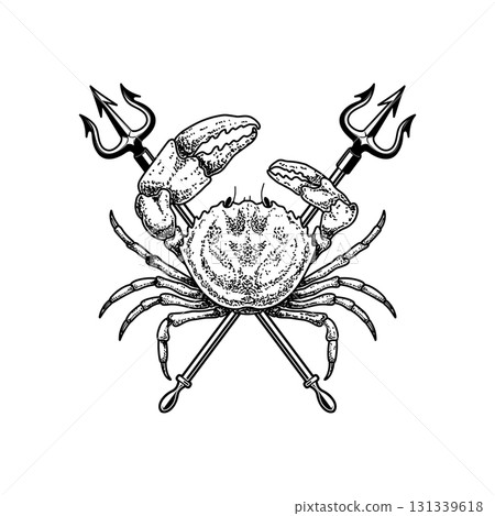 Crab and two crossed tridents. Design element for emblem, sign, badge, poster. Vector illustration Crab and two crossed tridents. Design element for emblem, sign, badge, poster. Vector illustration 131339618
