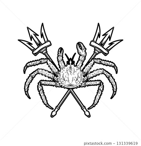 Crab and two crossed tridents. Design element for emblem, sign, badge, poster. Vector illustration 131339619