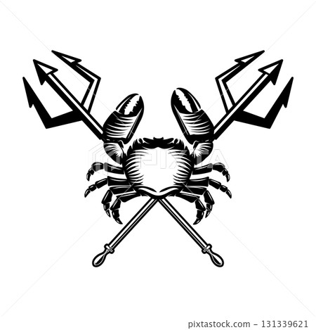 Crab and two crossed tridents. Design element for emblem, sign, badge, poster. Vector illustration Crab and two crossed tridents. Design element for emblem, sign, badge, poster. Vector illustration 131339621