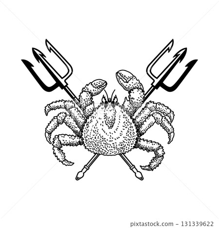 Crab and two crossed tridents. Design element for emblem, sign, badge, poster. Vector illustration 131339622