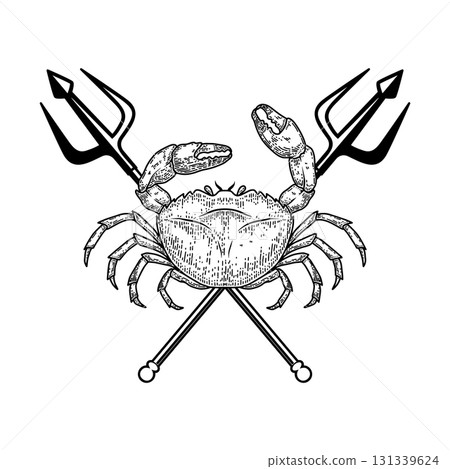 Crab and two crossed tridents. Design element for emblem, sign, badge, poster. Vector illustration 131339624