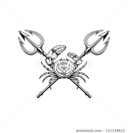 Crab and two crossed tridents. Design element for emblem, sign, badge, poster. Vector illustration 131339625
