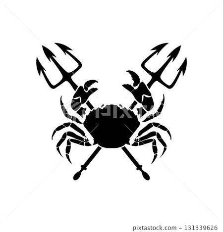 Crab and two crossed tridents. Design element for emblem, sign, badge, poster. Vector illustration 131339626