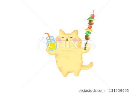 燒烤/水彩畫一隻可愛的貓用飲料和燒烤串敬酒 131339905