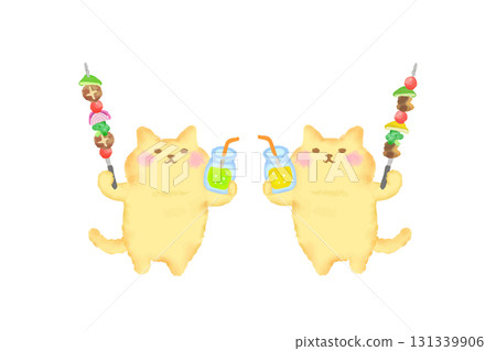 燒烤/水彩畫一隻可愛的貓用飲料和燒烤串敬酒 131339906