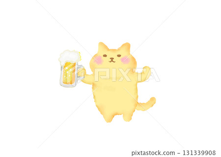 Watercolor illustration of a cute cat toasting with beer 131339908