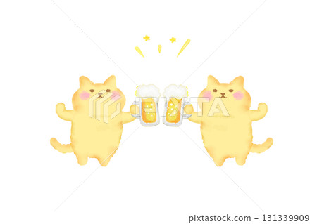 Watercolor illustration of a cute cat toasting with beer 131339909