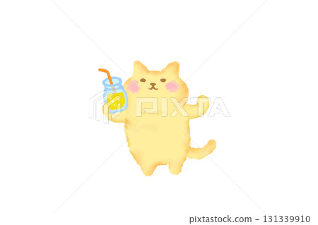 Watercolor illustration of a cute cat toasting with a drink 131339910