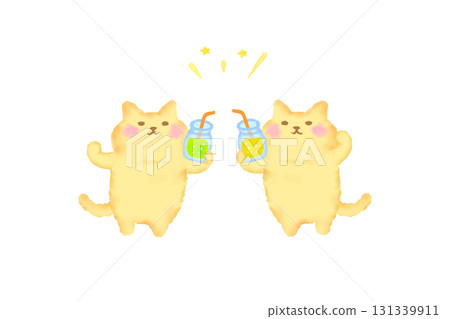 Watercolor illustration of a cute cat toasting with a drink 131339911