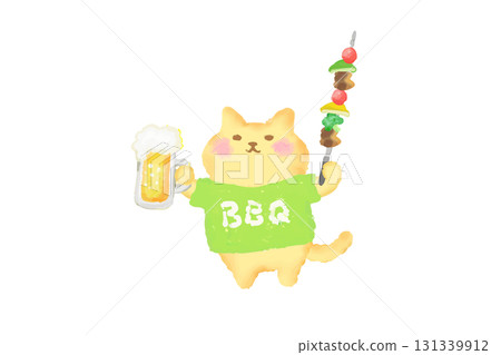 BBQ / Watercolor illustration of a cute cat toasting with beer and barbecue skewers 131339912