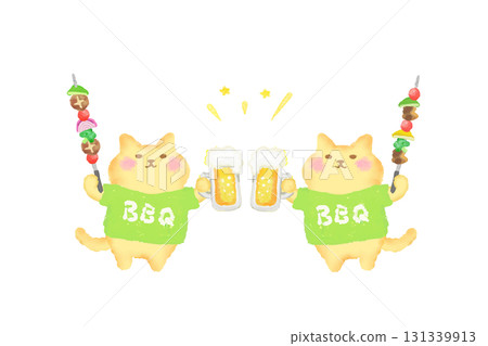 BBQ / Watercolor illustration of a cute cat toasting with beer and barbecue skewers 131339913
