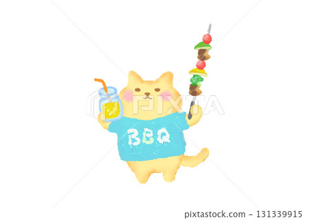 BBQ / Watercolor illustration of a cute cat enjoying a barbecue with a drink in hand 131339915