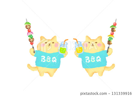 BBQ / Watercolor illustration of a cute cat toasting with a drink and a barbecue skewer 131339916