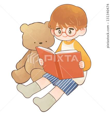 Child reading a book and teddy bear 131340474