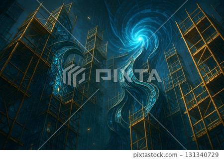 延伸至天空的漩渦與鷹架交會的未來主義建築空間 131340729