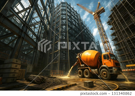 混凝土攪拌車與高層建築施工現場-起重機運作的都市發展場景 131340862