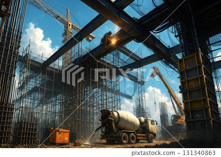 焊接作業與混凝土攪拌機－高層鋼結構施工現場實景 131340863