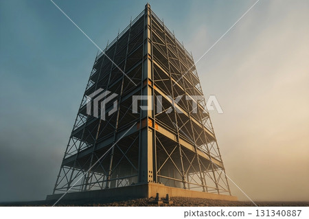 鋼架建築工地和從霧中升起的起重機 131340887