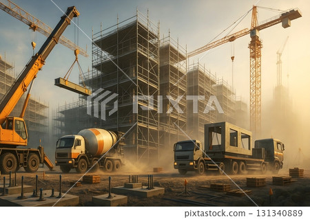 高層建築施工現場的起重機作業、混凝土攪拌車和運輸卡車的城市發展場景 131340889