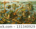 Building a futuristic floating village – smart eco-friendly housing using drones and cranes 131340929