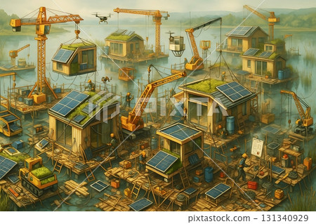 Building a futuristic floating village – smart eco-friendly housing using drones and cranes Building a futuristic floating village – smart eco-friendly housing using drones and cranes 131340929