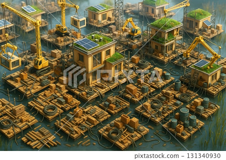 Construction of floating housing complexes – floating cities of wooden modules and energy facilities 131340930