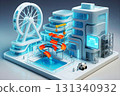 Construction of a futuristic amusement facility – Future city design with a Ferris wheel and water slide 131340932