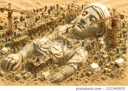 Excavation and Restoration of Giant Stone Statues – Construction Workers Reclaim Historic Site 131340933