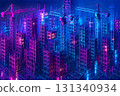 Neon-colored future construction city - cranes and modular skyscrapers 131340934